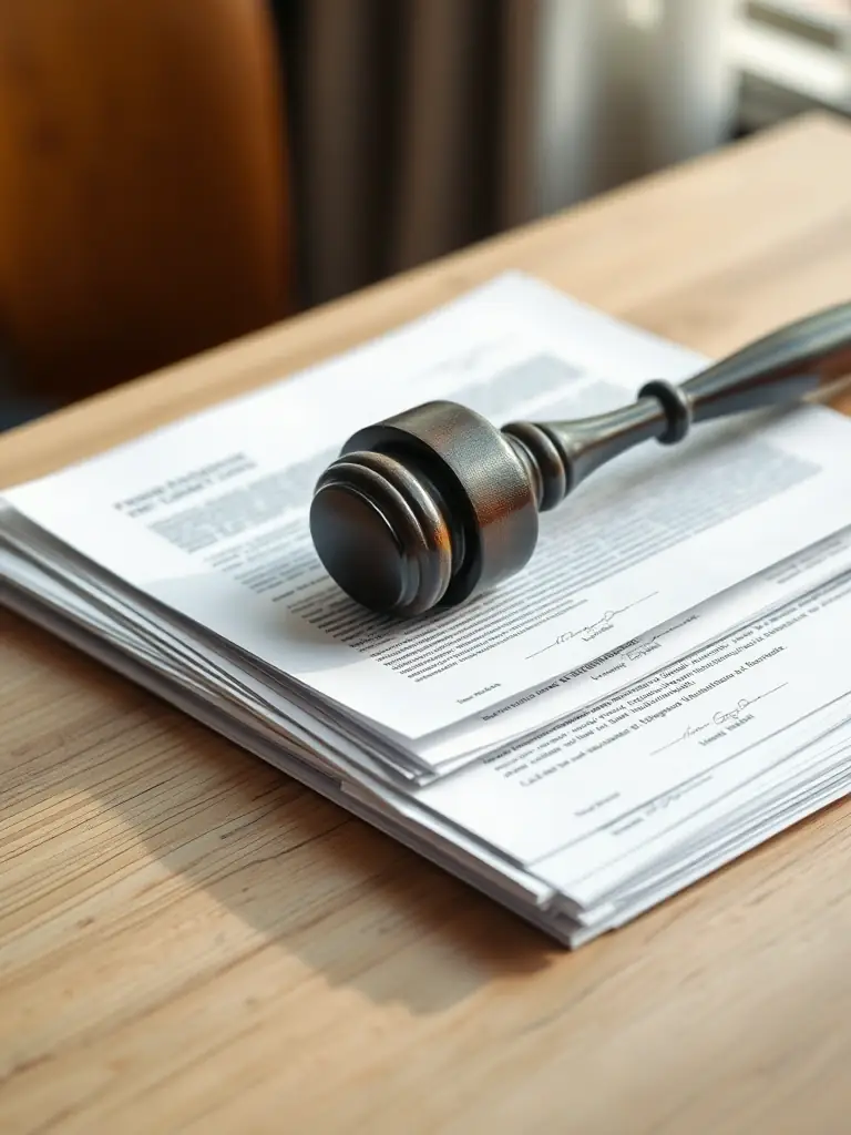 A gavel resting on a stack of legal documents, symbolizing legal authority and compliance in real estate transactions.