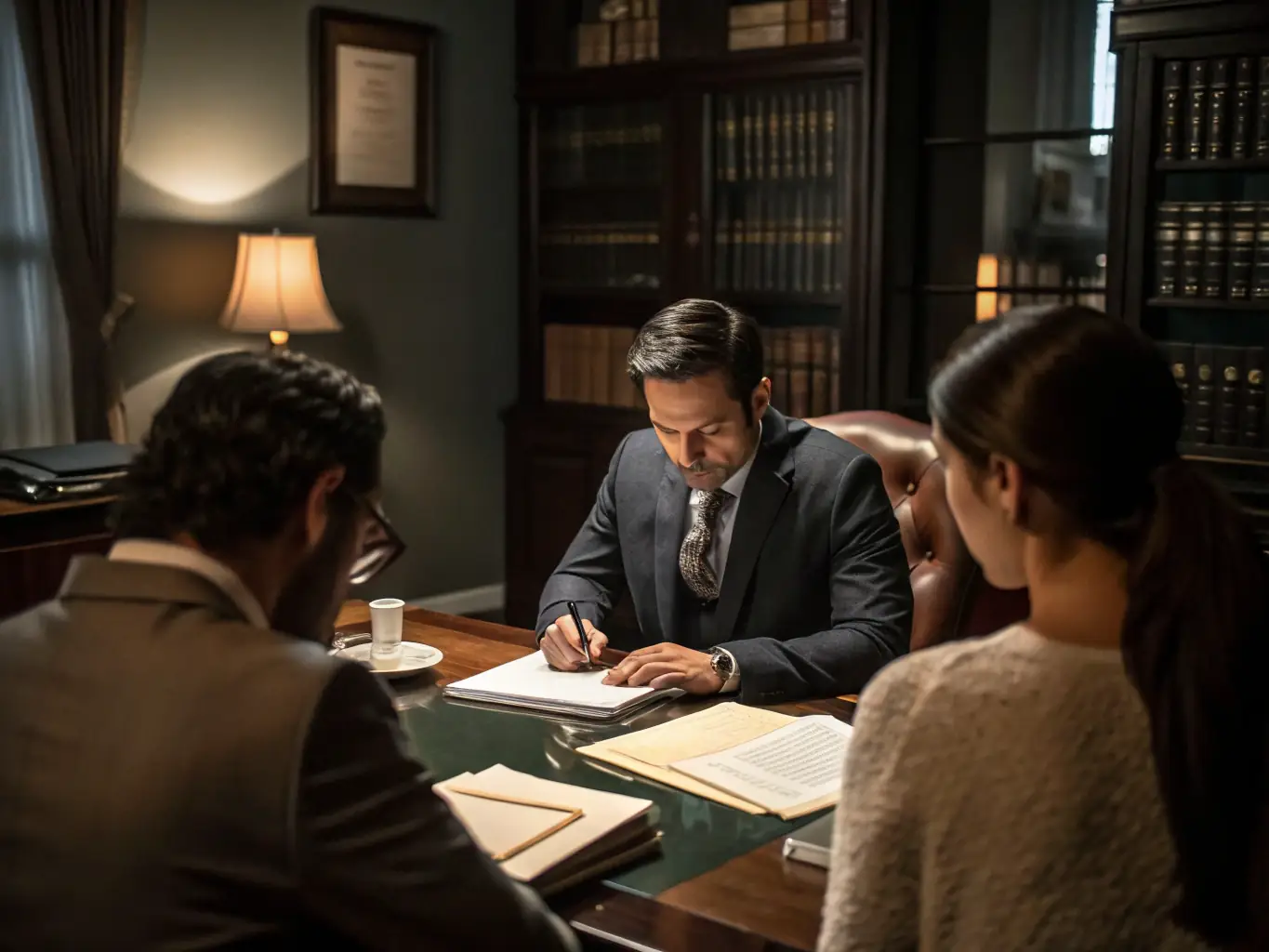 An image showing a professional lawyer discussing documents with a real estate agent in an office setting, focusing on a real estate transaction.