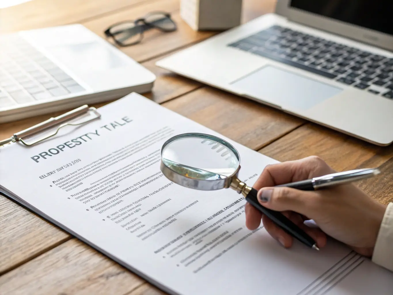 An image depicting a lawyer reviewing a complex real estate contract with a magnifying glass, highlighting attention to detail.