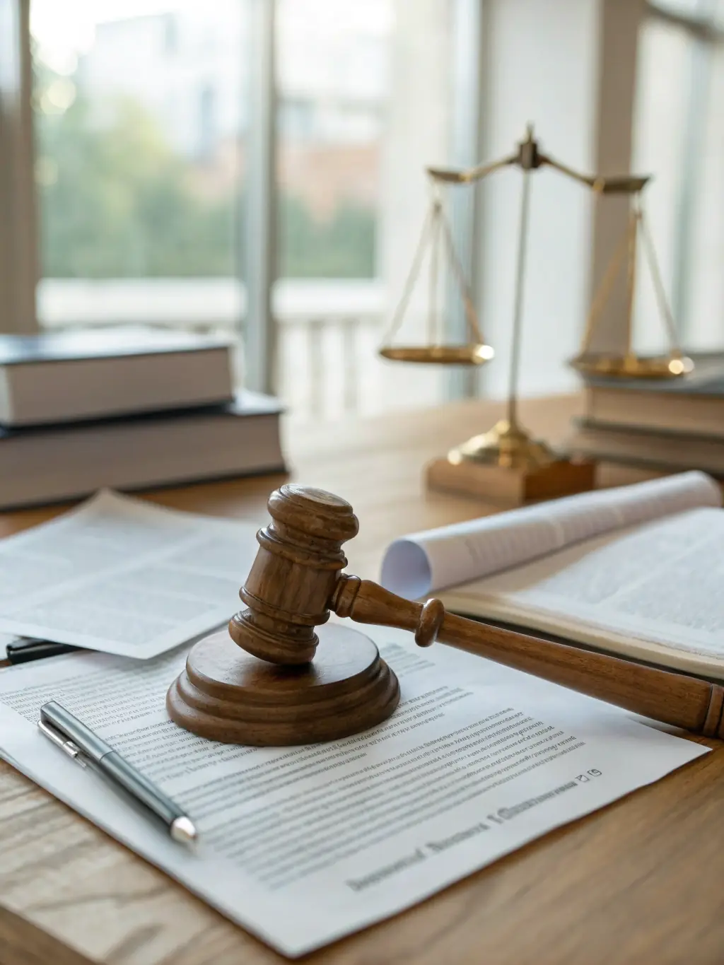 A gavel resting on a stack of real estate contracts, representing RealtorLegal Hub's commitment to legal precision and accuracy.