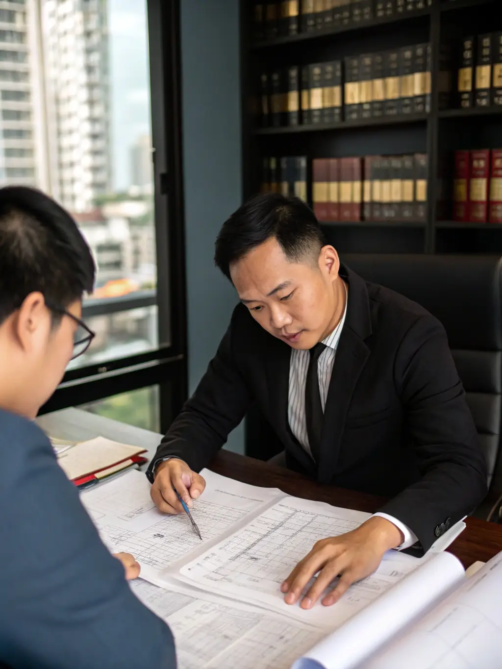 A lawyer advising a real estate agent on property law, with Swiss legal codes visible in the background.
