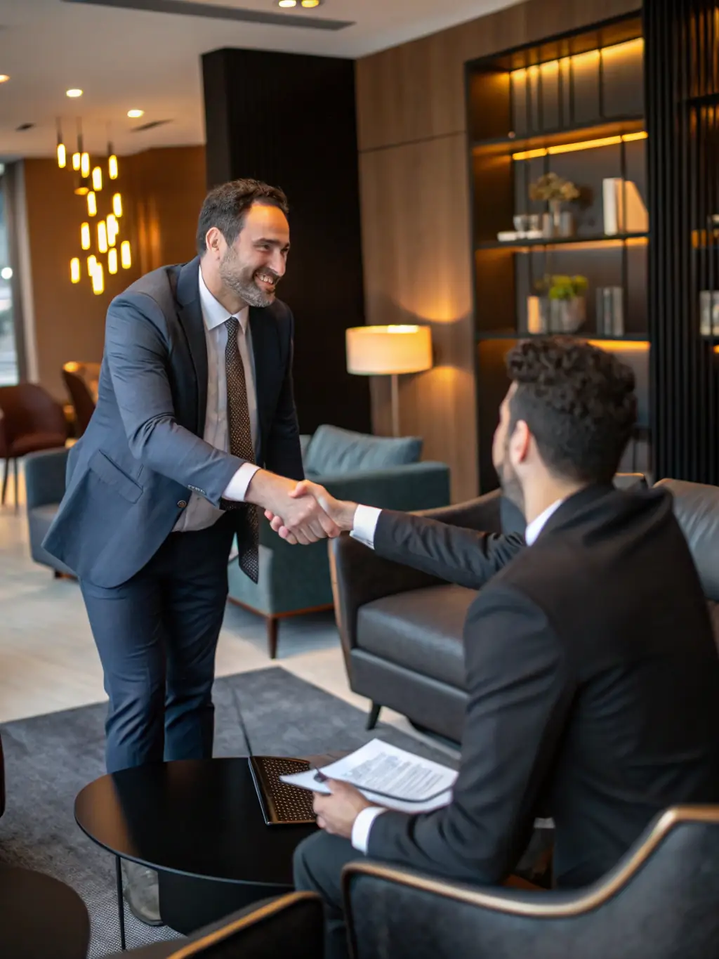 A professional real estate agent shaking hands with a RealtorLegal Hub lawyer in a modern Zurich office, symbolizing partnership and trust.