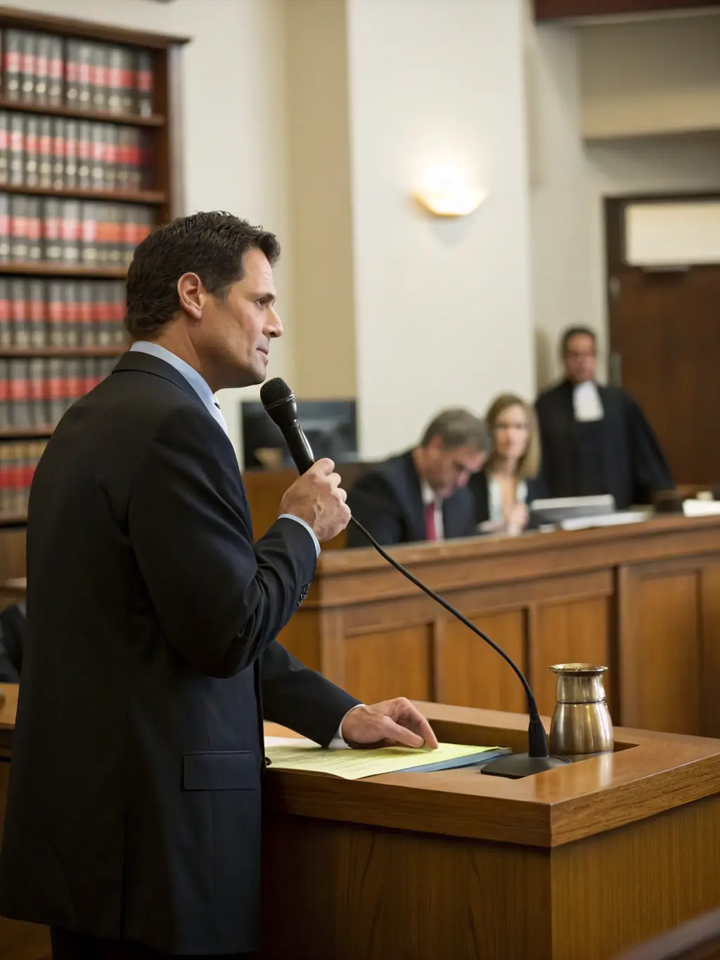 A lawyer presenting a case in a courtroom, symbolizing legal representation and advocacy in real estate disputes.