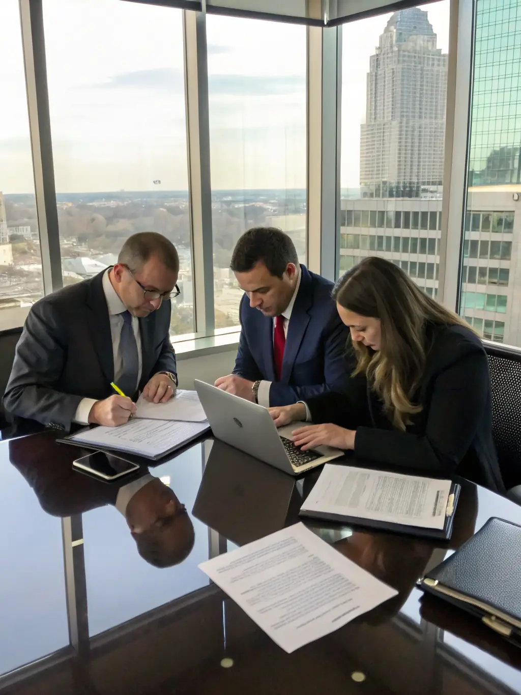 A professional real estate agent reviewing a contract with a lawyer in a modern office setting, emphasizing collaboration and legal expertise.