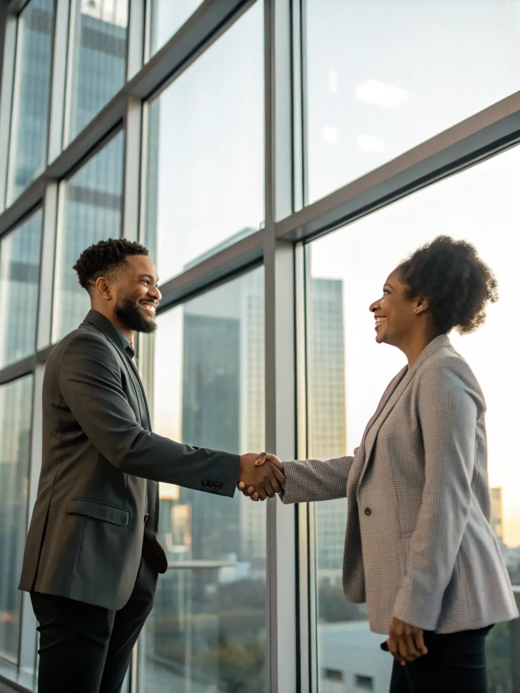A lawyer and a real estate agent shaking hands after a successful transaction, symbolizing partnership and trust.