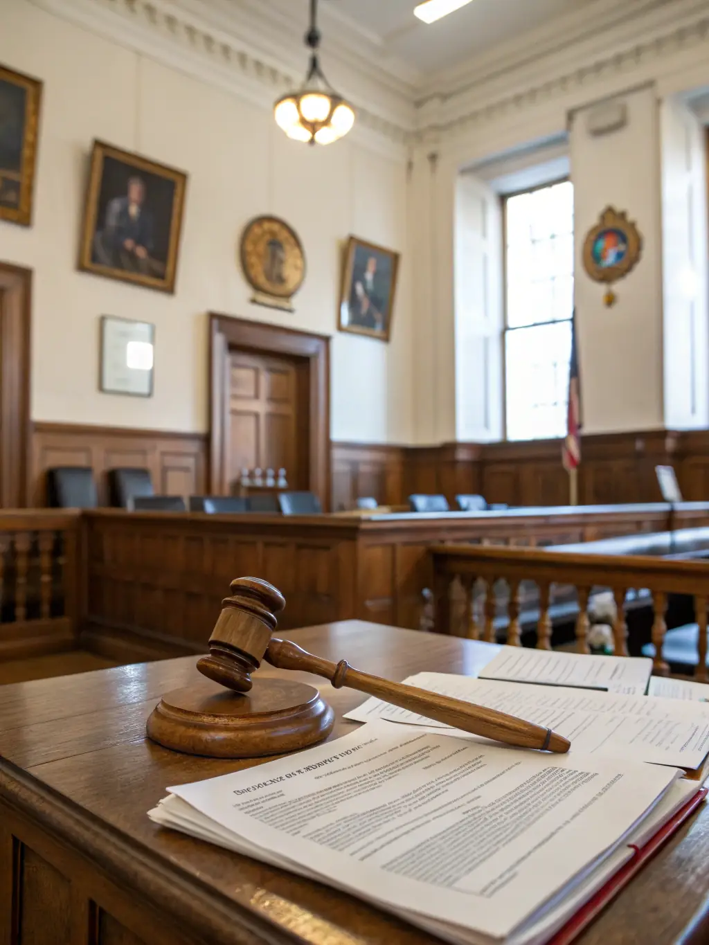 A courtroom scene with a focus on legal documents and a gavel, representing dispute resolution and litigation.